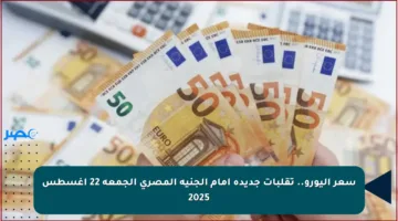 سعر اليورو.. تقلبات جديدة أمام الجنيه المصري الجمعة 22 أغسطس 2025